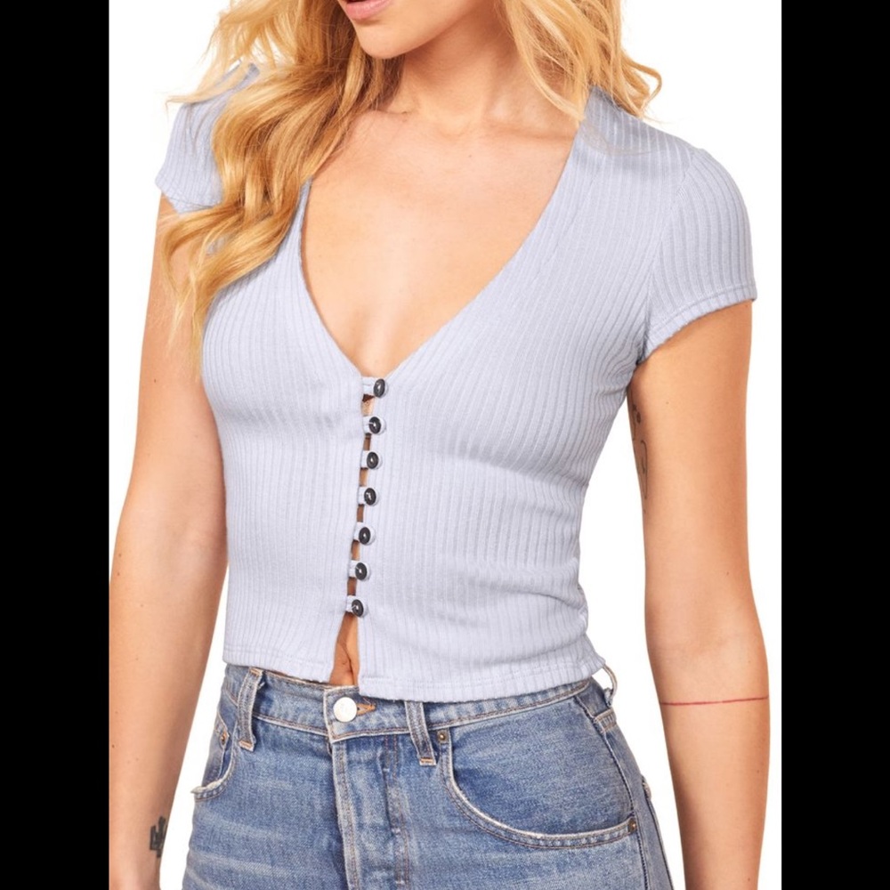Reformation Light Blue Ribbed Short Sleeve Top